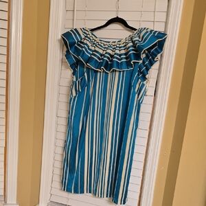 Trina Turk Blue and White Ruched Off-Shoulder Mini Dress